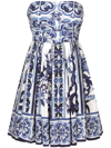 Dolce & Gabbana Strapless Pleated Printed Cotton-poplin Mini Dress In Blue