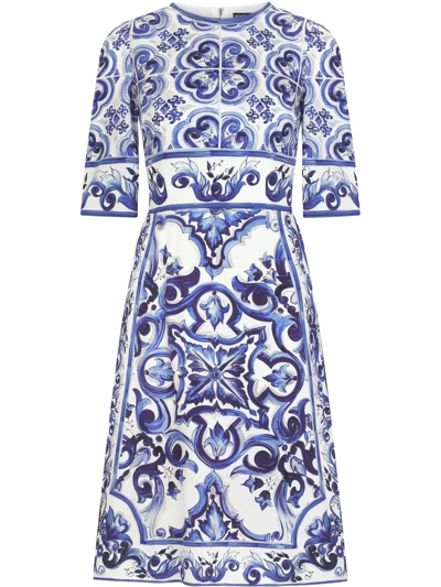 Dolce & Gabbana Pleated Printed Cotton-poplin Midi Dress In Blue