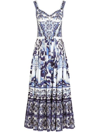 Dolce & Gabbana Calf-length Bustier Dress In Majolica-print Poplin In Blue
