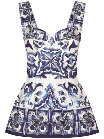 Dolce & Gabbana Majolica-print Poplin Top With Peplum Detail In Blue