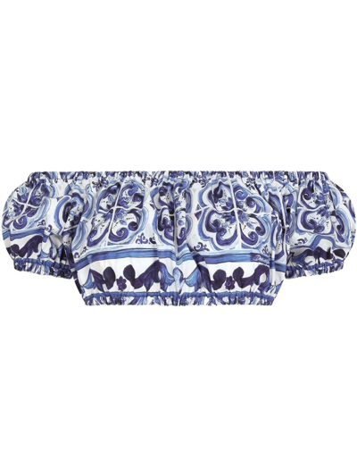 Dolce & Gabbana Printed Cotton Crop Top In Blue,white