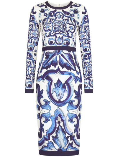 Dolce & Gabbana Blu Mediterraneo Painterly Long-sleeve Midi-dress In Multi-colored