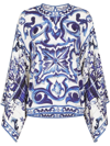 Dolce & Gabbana Majolica-print Round Neck Charmeuse Blouse In Blue