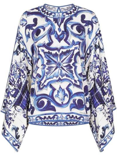 Dolce & Gabbana Womans Maiolica Printed Silk Shirt Blouse In Blue