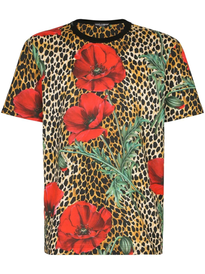 Dolce & Gabbana Animal Flower Print Cotton T-shirt In Brown
