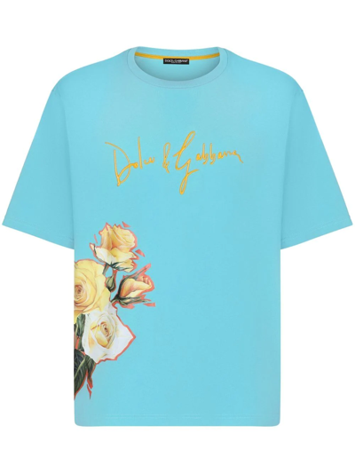 Dolce & Gabbana Embroidered-logo Floral T_shirt In Blue