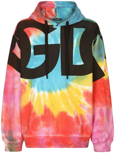 Dolce & Gabbana Tie-dye Jersey Hoodie With Print In Pink Multi