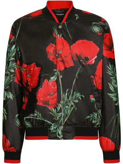 Dolce & Gabbana Poppy-print Bomber Jacket In Papaveri Fdo Nero