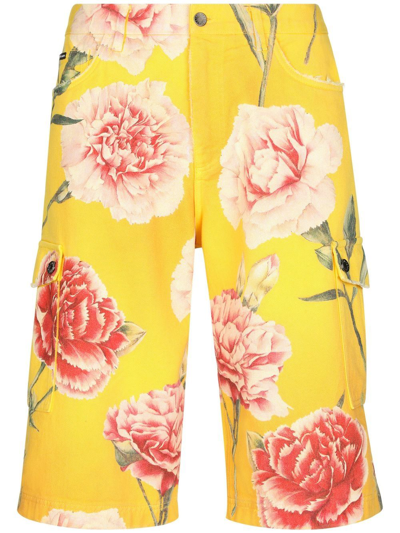 Dolce & Gabbana Denim Shorts With All-over Carnation Print In Multicolor