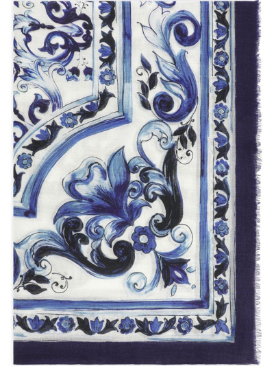 Dolce & Gabbana Majolica Cashmere Scarf In Blue