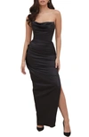 House Of Cb Adrienne Satin Strapless Gown In Black Plus Cup