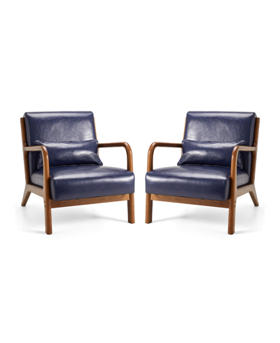 Glitzhome Mid Century Modern Leatherette Accent Armchair With Rubberwood Frame, Set Of 2, 30" In Navy