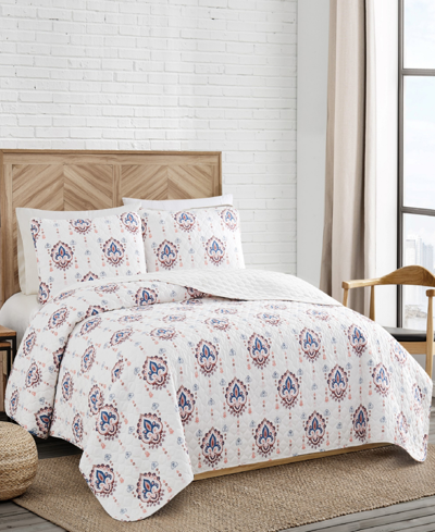 Lucky Brand Paisley Ikat 3 Piece Quilt Set, King Bedding In Brown Blue White