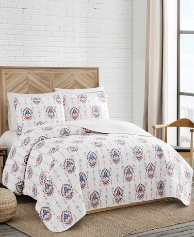 Lucky Brand Paisley Ikat 3 Piece Quilt Set, Queen Bedding In Brown Blue White