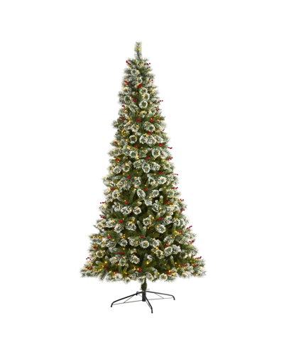 Nearly Natural Frosted Swiss Pine Artificial Christmas Tree With Lights And Berries, 108" In Green