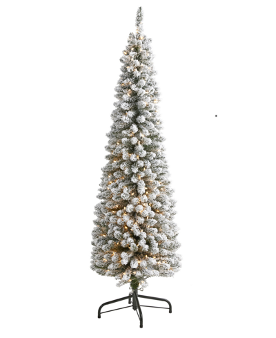 Nearly Natural Flocked Pencil Artificial Christmas Tree With Lights And Bendable Branches, 72" In Green