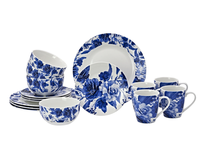 Godinger Beautiful Floral Dinner Plates, Salad Plates, Bowls And Mugs Set, 16 Piece In Blue