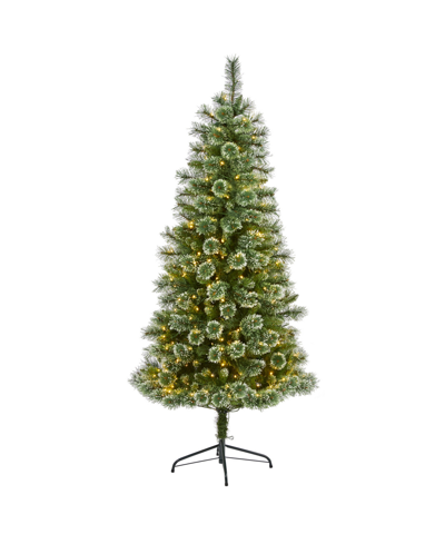 Nearly Natural Wisconsin Slim Snow Tip Pine Artificial Christmas Tree With Lights, 72" In Green