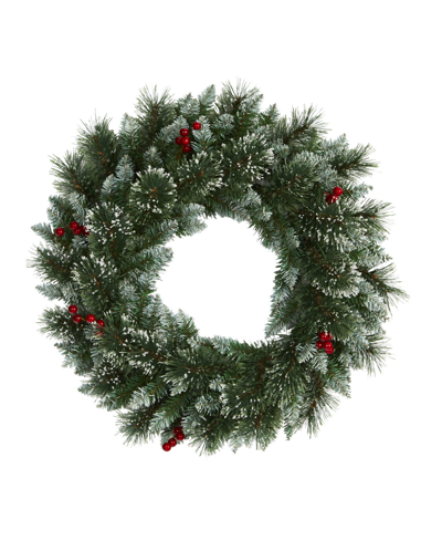 Nearly Natural Frosted Swiss Pine Artificial Wreath With Lights And Berries, 24" In Green