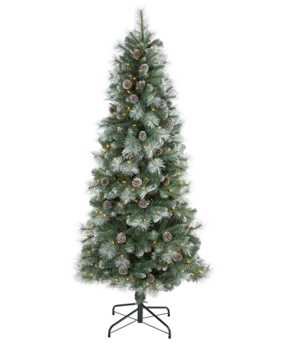 Nearly Natural Frosted Tip British Columbia Mountain Pine Artificial Christmas Tree With Lights, Pine Cones Bendabl In Green