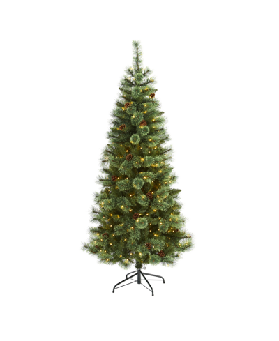 Nearly Natural White Mountain Pine Artificial Christmas Tree With Lights And Pinecones, 72" In Green