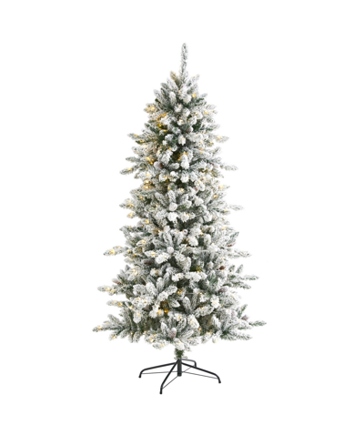 Nearly Natural Flocked Livingston Fir Artificial Christmas Tree With Pine Cones And Lights, 78" In Green