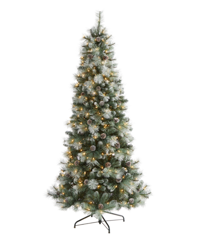 Nearly Natural Frosted Tip British Columbia Mountain Pine Artificial Christmas Tree With Lights, Pinecones And Bend In Green