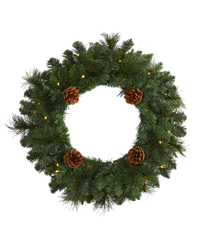 Nearly Natural Pine Artificial Christmas Wreath With Lights And Pinecones, 20" In Green