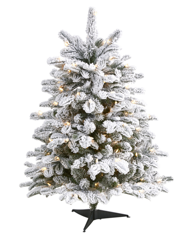 Nearly Natural Flocked North Carolina Fir Artificial Christmas Tree With Lights And Bendable Branches, 36" In Green