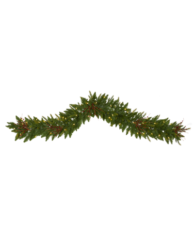 Nearly Natural Christmas Pine Artificial Garland With Lights And Berries, 72" In Green