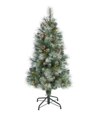 Nearly Natural Frosted Tip British Columbia Mountain Pine Artificial Christmas Tree With Lights, Pine Cones And Ben In Green