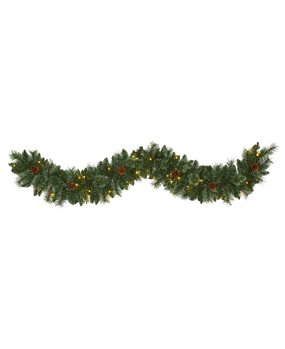 Nearly Natural White Mountain Pine Artificial Garland With Lights And Pinecones, 72" In Green