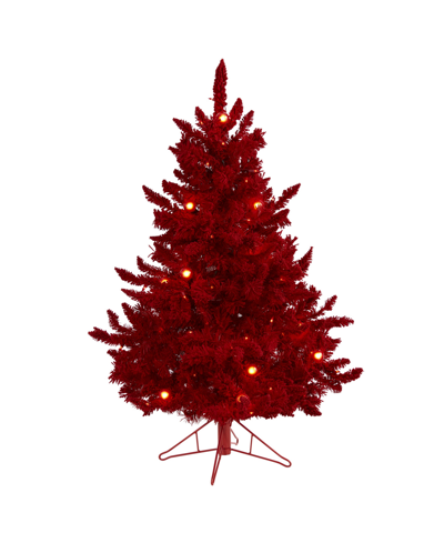 Nearly Natural Flocked Fraser Fir Artificial Christmas Tree With Lights, Globe Bulbs And Bendable Branches, 48" In Red