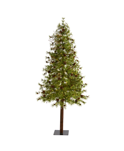 Nearly Natural Wyoming Alpine Artificial Christmas Tree With Lights And Pinecones On Natural Trunk, 84" In Green