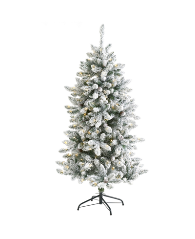 Nearly Natural Flocked Livingston Fir Artificial Christmas Tree With Pine Cones And Lights, 60" In Green