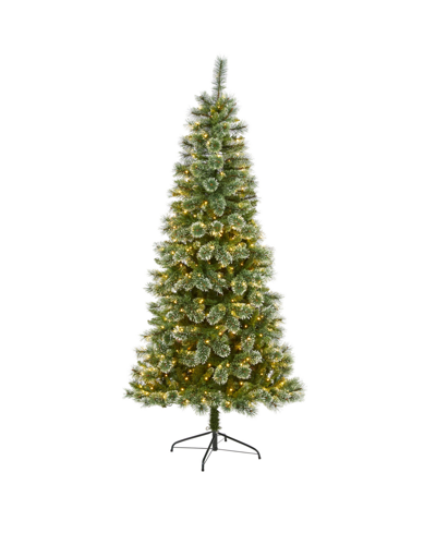 Nearly Natural Wisconsin Slim Snow Tip Pine Artificial Christmas Tree With Lights, 84" In Green