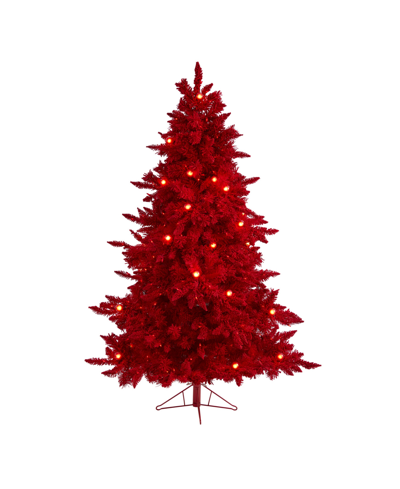 Nearly Natural Flocked Fraser Fir Artificial Christmas Tree With Lights, Globe Bulbs And Bendable Branches, 72" In Red