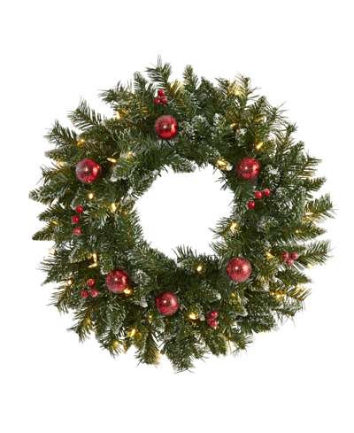Nearly Natural Frosted Artificial Christmas Wreath With Lights, Ornaments And Berries, 24" In Green
