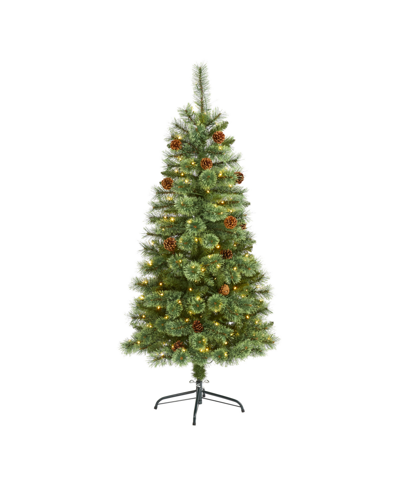 Nearly Natural Mountain Pine Artificial Christmas Tree With Lights And Pine Cones, 60" In Green