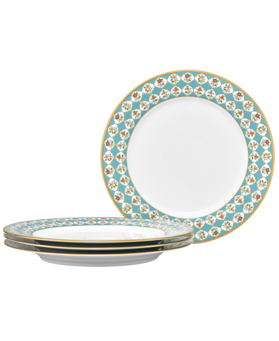 Noritake Lodi's Morning 10.5" Dinner Plates, Set Of 4 In White,blue,gold-tone Band
