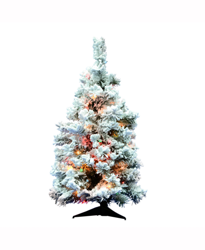 Vickerman 36 Inch Flocked Alaskan Pine Artificial Christmas Tree With 100 Multi-colored Lights