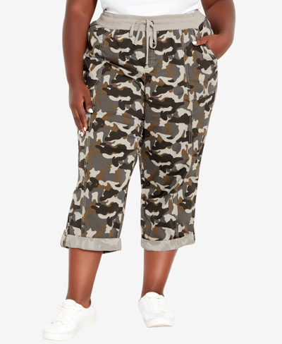 Avenue Plus Size Cotton Roll Up Print Capri Pants In Camouflage