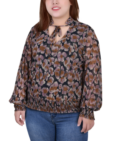 Ny Collection Plus Size Long Sleeve Sheer Smocked Hem Top In Black Floral