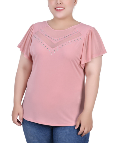 Ny Collection Plus Size Studded Short Flutter Sleeve Top With Mesh Details In Mellow Rose