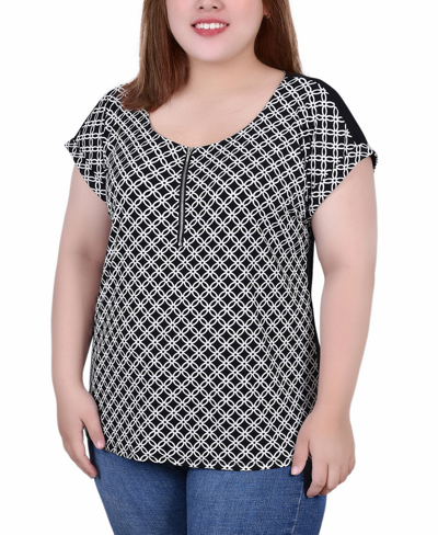 Ny Collection Plus Size Short Sleeve Half Zip Knit Top In Black White Iconic