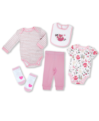 Baby Mode Signature Baby Girls Fox Layette, 5-piece Set In Pink