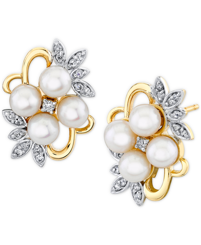 Macy's Cultured Freshwater Pearl (4mm) & Diamond (1/6 Ct. T.w.) Flower Cluster Stud Earrings In 10k Gold