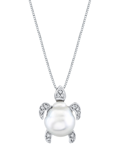 Macy's Cultured White South Sea Baroque Pearl (11mm) & Diamond (1/10 Ct. T.w.) Turtle 18" Pendant Necklace In Silver