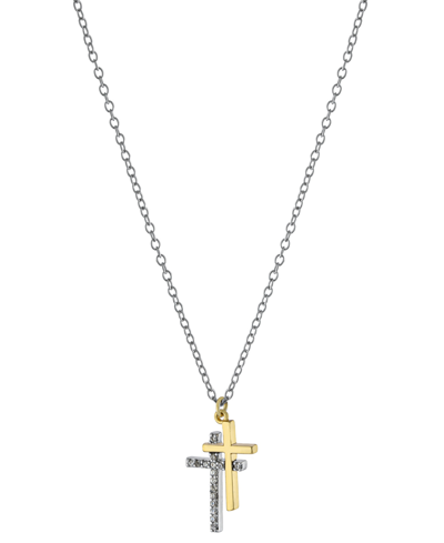 Giani Bernini Cubic Zirconia Double Cross Pendant Necklace In Sterling Silver & Gold-plate, 16" + 2" Extender, Cre