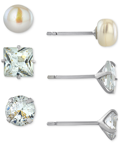 Giani Bernini 3-pc. Cubic Zirconia & Cultured Freshwater Pearl (7mm) Stud Earrings In Sterling Silver, Created For
